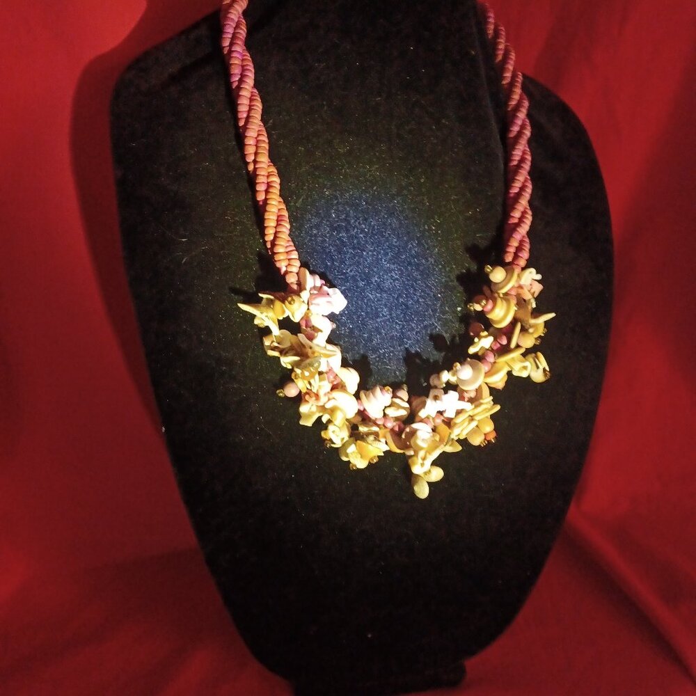 Long Sea Shell Necklace with Braided Wood Beads 27"